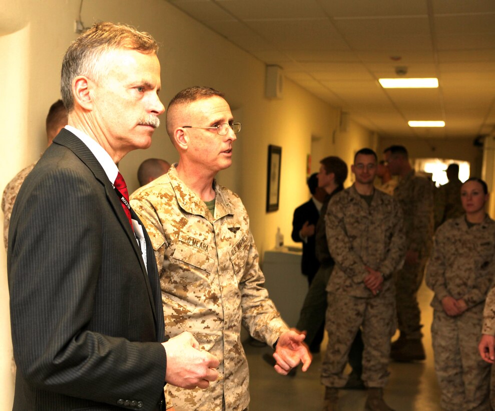 Ambassador Lawrence E. Butler, civilian deputy to the commander and foreign policy advisor, U.S. European Command, and Brig. Gen. James S. O’Meara, commander of U.S. Marine Corps Forces Europe, address the Plans and Operations cell of Marine Forces Europe and Africa during his visit. Butler visited U.S. Marine Corps Forces Europe and U.S. Marine Corps Forces Africa headquarters on Panzer-Kaserne to meet and chat with the Marines and civilians that work in the only Marine components for the two combatant commands. 