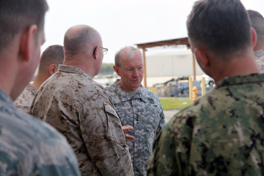 The 18th Chairman of the Joint Chiefs of Staff, U.S. Army Gen. Martin E. Dempsey, toured training facilities aboard Marine Corps Air Station Beaufort and took questions from service members and their dependents during an open floor forum, March 21. During Dempsey’s visit he was briefed on the current construction projects aboard MCAS Beaufort including training facilities for the F-35 Joint Strike Fighter. Dempsey’s visit was part of a tour to various military installations on the East Coast.