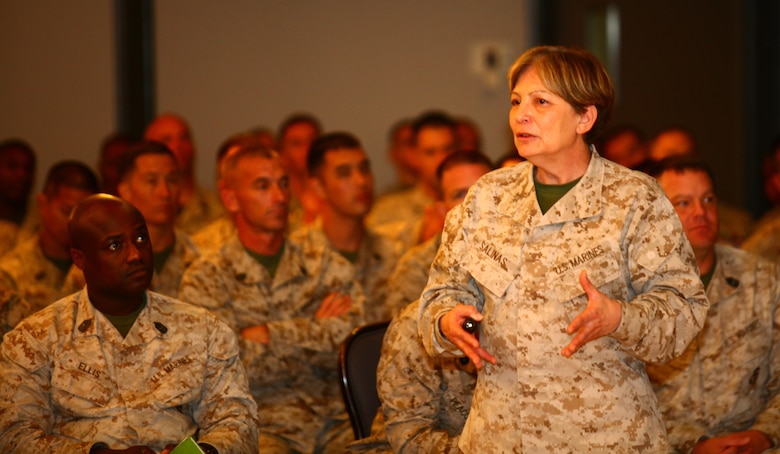 MARINE CORPS AIR STATION MIRAMAR, Calif. -- 
Major General Angela Salinas, Director, ManPower managment division, addresses Staff NCO's and Officers during a PME held at the Officers Club aboard Marine Corps Air Station Miramar, Calif., Mar. 18. The PME was given to more than 350 officers and Staff NCO's, in order to educate Marines on the new changes in the Marine Corps and why those changes are happening.