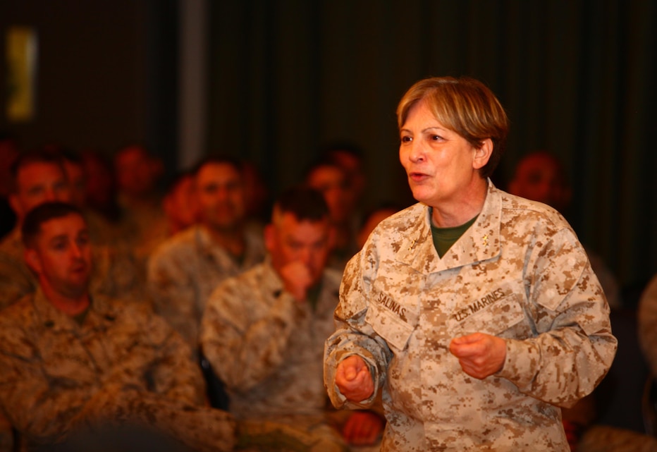 Maj. Gen. Angela Salinas, the director of Manpower Management Division, Headquarters Marine Corps,  speaks to officers and staff noncommissioned officers here, March 18. Salinas discussed the many changes the Marine Corps is going through and told them what's really going on behind the scenes and why changes are being made. (Official Marine Corps Photo by Sgt. Sarah F. Johnson, Released)