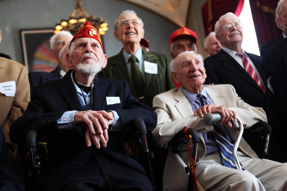 About 25 World War II Iwo Jima veterans were in attendance at the 68th Anniversary of the Battle of Iwo Jima luncheon ceremony at the Marine’s Memorial Hotel March 13, 2013. The event was an opportunity to accentuate the connection between the WWII-era 4th Marine Division with today's 4th Marine Division and Marine Forces Reserve. More than 100 veterans, modern Marines and guests were in attendance.  