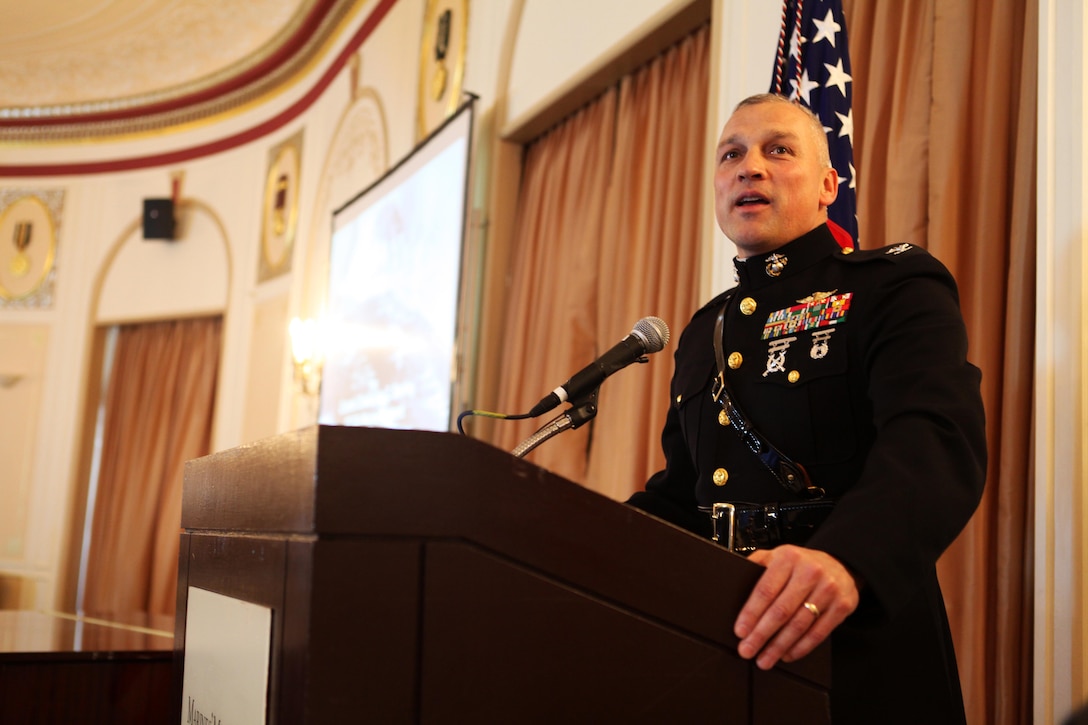 Col. Christopher C. Starling, commanding officer of the 23rd Marine Regiment, guest speaks during the 68th Anniversary of the Battle of Iwo Jima luncheon ceremony at the Marines' Memorial Club and Hotel in San Francisco March 13, 2013. The event was an opportunity to accentuate the connection between the WWII-era 4th Marine Division with today's 4th Marine Division and Marine Forces Reserve. More than 100 veterans, modern Marines and guests were in attendance. 