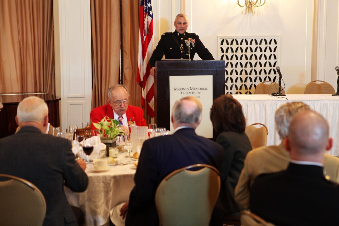Col. Christopher C. Starling, commanding officer of the 23rd Marine Regiment, guest speaks during the 68th Anniversary of the Battle of Iwo Jima luncheon ceremony at the Marines' Memorial Club and Hotel in San Francisco March 13, 2013. The event was an opportunity to accentuate the connection between the WWII-era 4th Marine Division with today's 4th Marine Division and Marine Forces Reserve. More than 100 veterans, modern Marines and guests were in attendance. 