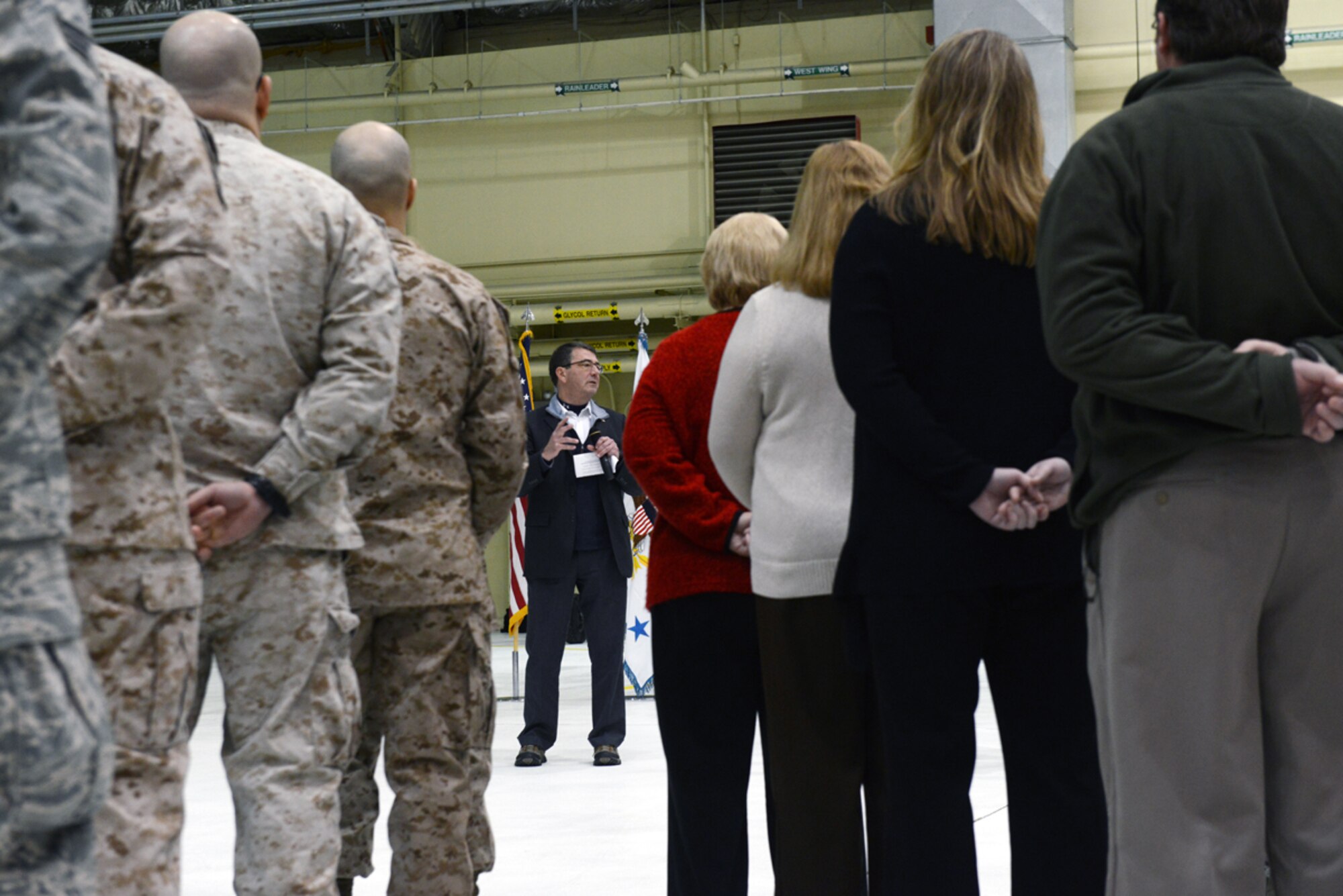 JOINT BASE ELMENDORF-RICHARDSON, Alaska -- Deputy Secretary of Defense Dr. Ashton Carter speaks to service members and offers words of wisdom during his visit to JBER March 21. Carter is the principal civilian deputy to the Secretary of Defense Chuck Hagel, and is appointed by the President, with the advice and consent of the Senate. (U.S. Air Force photo/Airman Ty-Rico Lea)