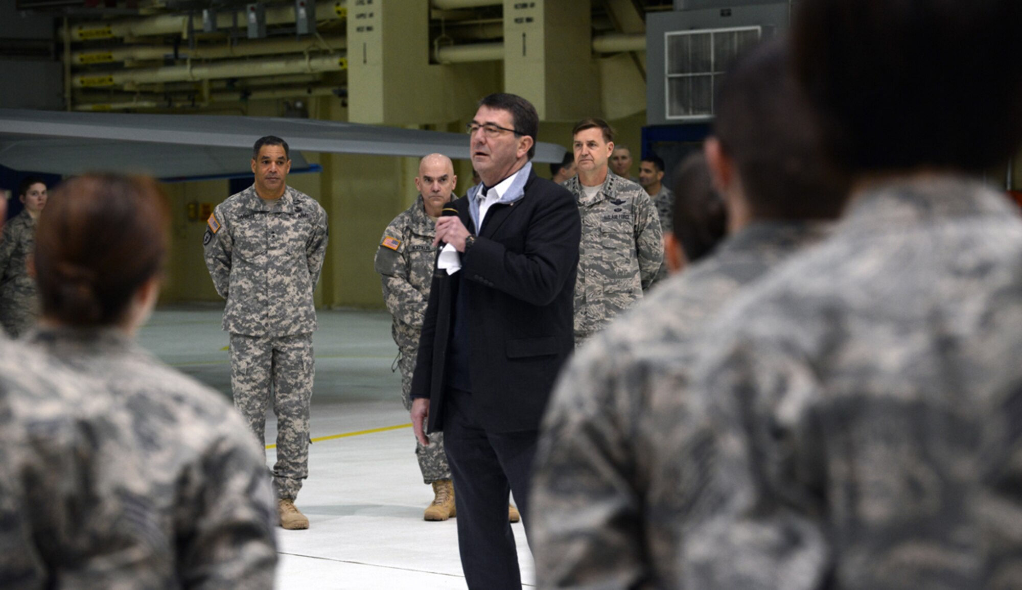 JOINT BASE ELMENDORF-RICHARDSON, Alaska -- Deputy Secretary of Defense Dr. Ashton Carter speaks to service members and offers words of wisdom during his visit to JBER March 21. Carter is the principal civilian deputy to the Secretary of Defense Chuck Hagel, and is appointed by the President, with the advice and consent of the Senate. (U.S. Air Force photo/Airman Ty-Rico Lea)