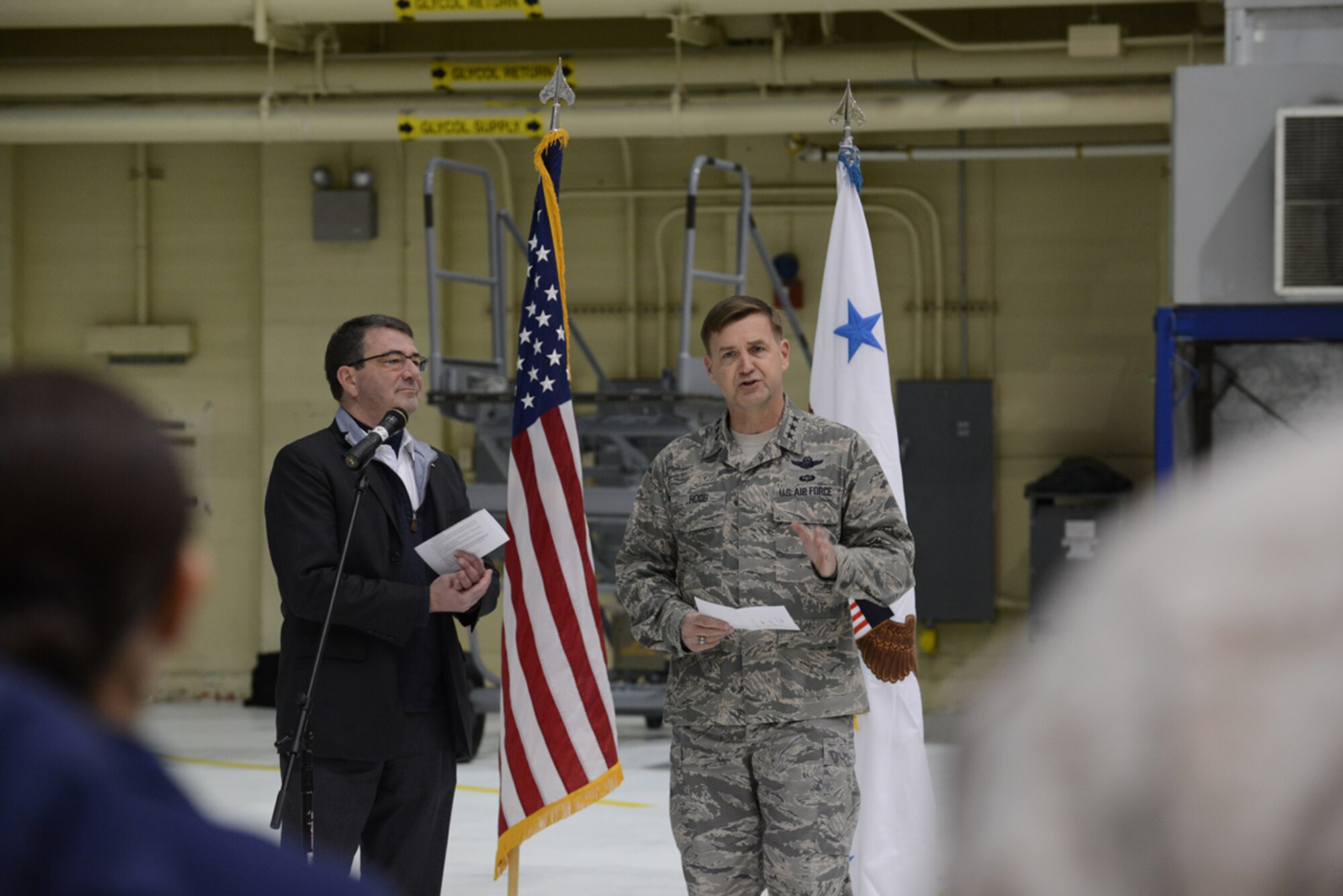 JOINT BASE ELMENDORF-RICHARDSON, Alaska -- Air Force Lt. Gen. Stephen Hoog, 11th Air Force commander, introduces Deputy Secretary of Defense Dr. Ashton Carter for his visit to JBER March 21. Carter is the principal civilian deputy to the Secretary of Defense Chuck Hagel, and is appointed by the President, with the advice and consent of the Senate. (U.S. Air Force photo/Airman Ty-Rico Lea)