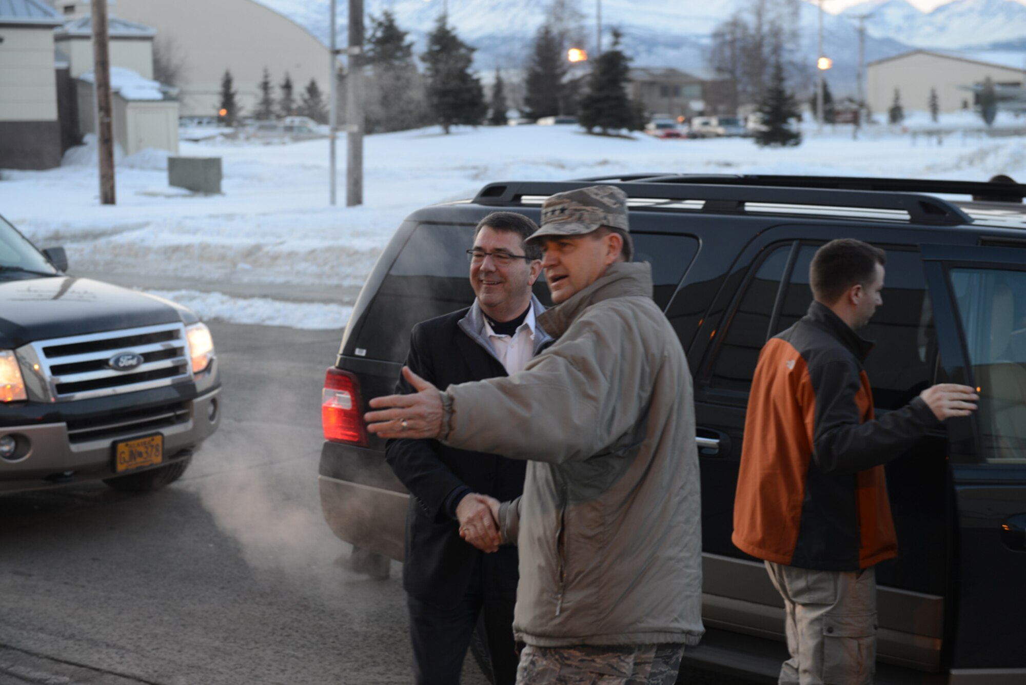 JOINT BASE ELMENDORF-RICHARDSON, Alaska -- Air Force Lt. Gen. Stephen Hoog, 11th Air Force commander, introduces Deputy Secretary of Defense Dr. Ashton Carter during his visit to JBER March 21. Carter is the principal civilian deputy to Secretary of Defense Chuck Hagel, and is appointed by the president, with the advice and consent of the Senate. (U.S. Air Force photo/Airman Ty-Rico Lea)