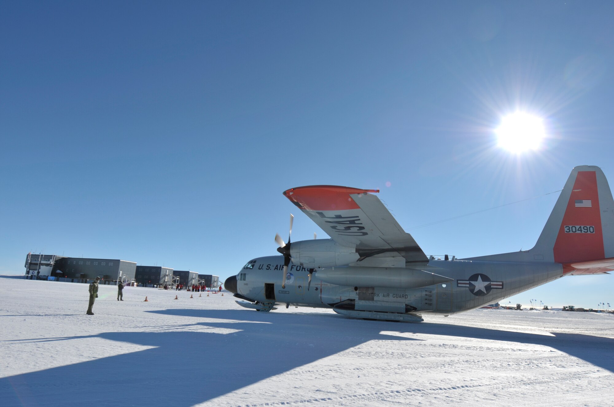 A LC-130 Skibird lands at the South Pole Station, Antarctica December 15th 2012, bring supplies, passengers and fuel to the station. (USAF Photo by SrA Ben German/Released)