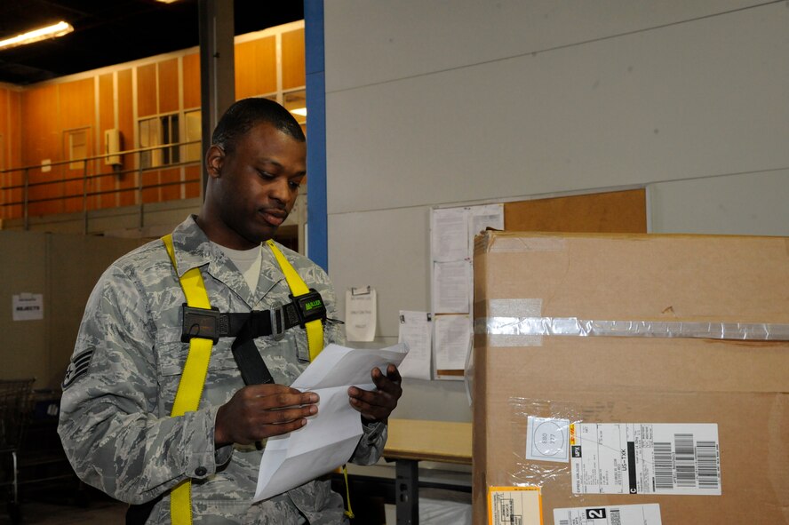 Staff Sgt. Curtis Nailor, 2nd Logistics Readiness Squadron Materiel Management flight, inventories equipment on Barksdale Air Force Base, La., March 21. The 2 LRS Material Management flight serves as the focal point for Barksdale's supplies. Anything needed to accomplish the mission of delivering precision munitions to the battlefield is issued from the flight. (U.S. Air Force photo/Airman 1st Class Andrew Moua)