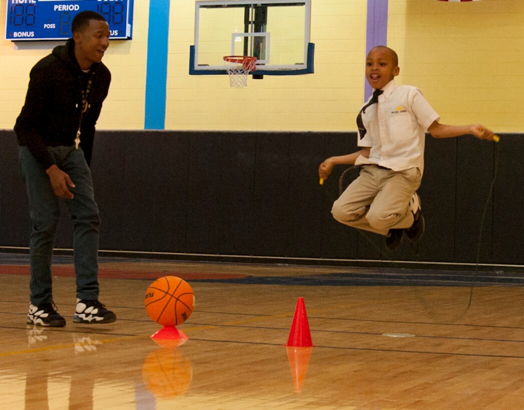 Israel Wright jumps rope during an obstacle course competition at the Joint Base Andrews Youth Center's open house March 19, 2013.  The open house was held to celebrate the completion of a remodel of the gym. (U.S. Air Force photo/Staff Sgt. Torey Griffith)