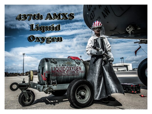 Airman 1st Class Nicholas McCracken, 437th Aircraft Maintenance Squadron crew chief, performs several maintenance tasks on the C-17 Globemaster III, including liquid oxygen transfers. Liquid oxygen is used as a means of distributing breathable air to aircrew members and passengers above 10,000 feet above sea level. The C-17 can hold approximately 155 gallons of LOX. (U.S. Air Force illustration/Senior Airman Dennis Sloan)