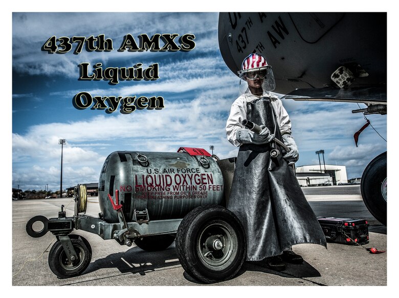 Airman 1st Class Nicholas McCracken, 437th Aircraft Maintenance Squadron crew chief, performs several maintenance tasks on the C-17 Globemaster III, including liquid oxygen transfers. Liquid oxygen is used as a means of distributing breathable air to aircrew members and passengers above 10,000 feet above sea level. The C-17 can hold approximately 155 gallons of LOX. (U.S. Air Force illustration/Senior Airman Dennis Sloan)