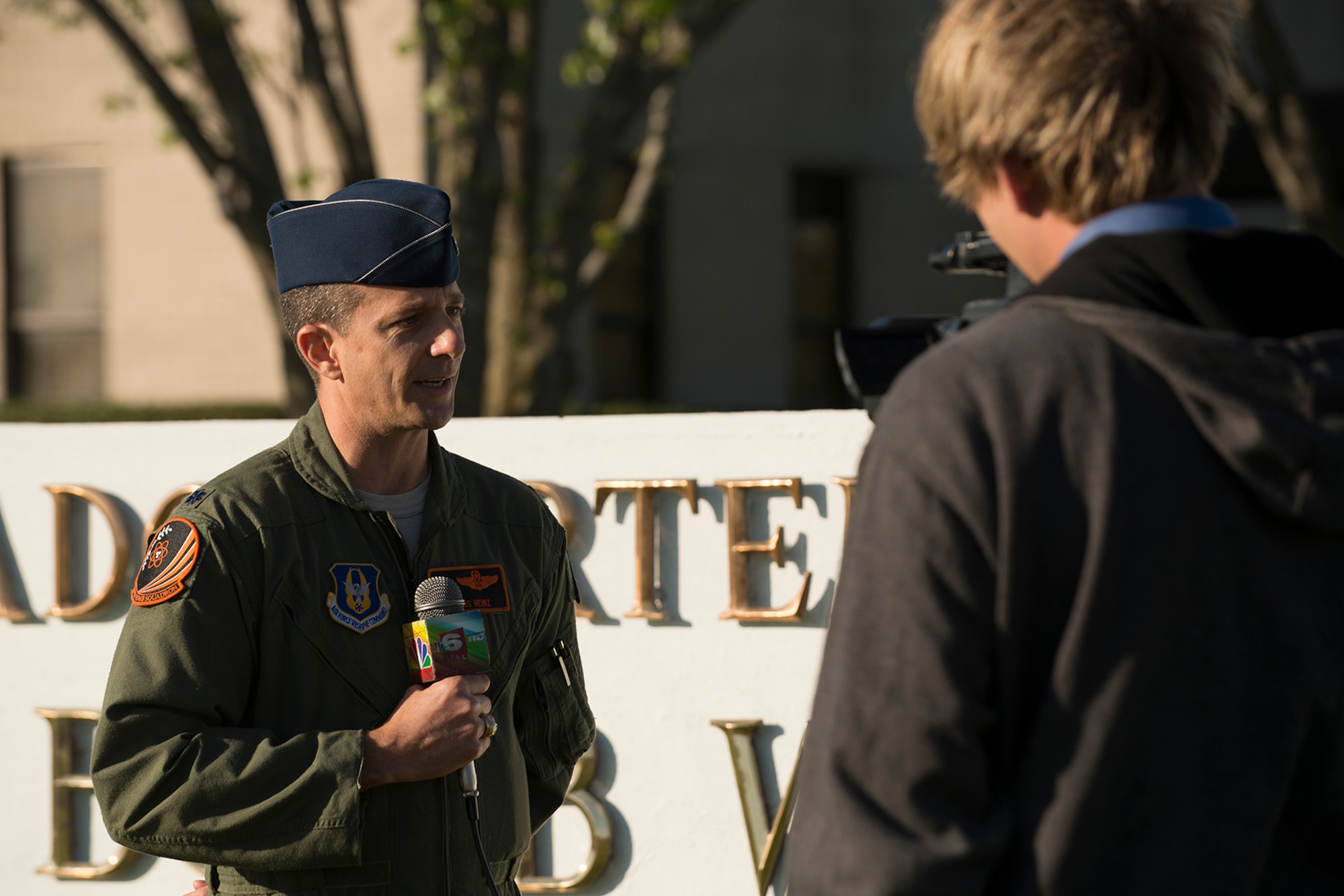 U.S. Air Force Lt. Col. Denis Heinz, 343rd Bomb Squadron commander, is interviewed by KTAL Channel 6 News for a Barksdale Profile segment, Mar. 20, 2013, Barksdale Air Force Base, La. The segment will focus on the recent nuclear certification of the 343rd BS, which is assigned to the 307th Bomb Wing at Barksdale. (U.S. Air Force photo by Master Sgt. Greg Steele/Released)