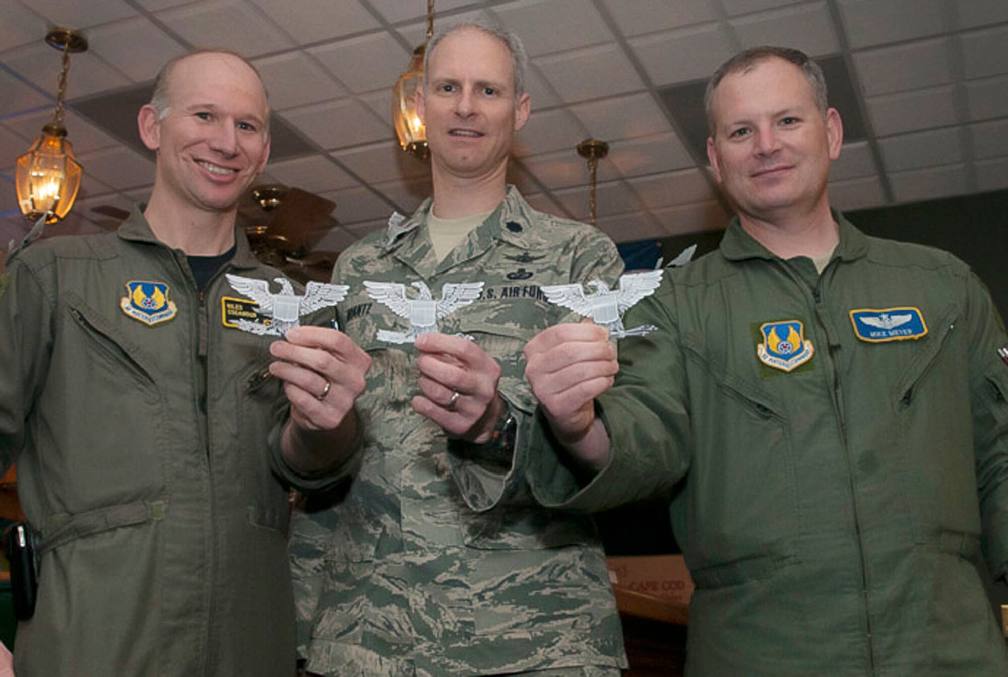 HANSCOM AIR FORCE BASE, Mass. - (left to right) Cols.-select Niles Cocanour, Ryan Mantz and Michael Meyer proudly display their new rank at the Colonel-Select Recognition Social on March 15 at the Minuteman Commons. The promotions were announced March 8. (U.S. Air Force photo by Walter Santos)