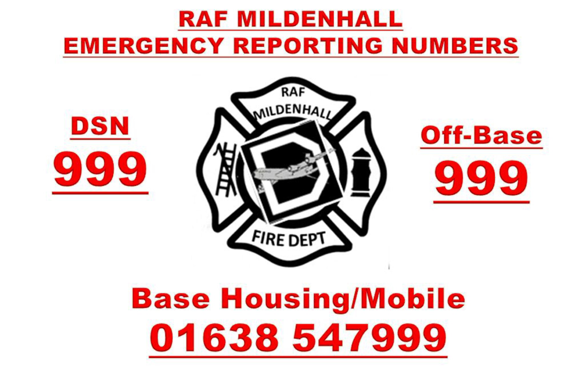 The 100th Civil Engineer Squadron Fire Department advises base members to post emergency contact numbers in home and cell phones. If calling from a cell phone to report an on-base emergency, call 01638-547999. When off base, call 999 to report emergencies. (Graphic courtesy of RAF Mildenhall Fire Department)