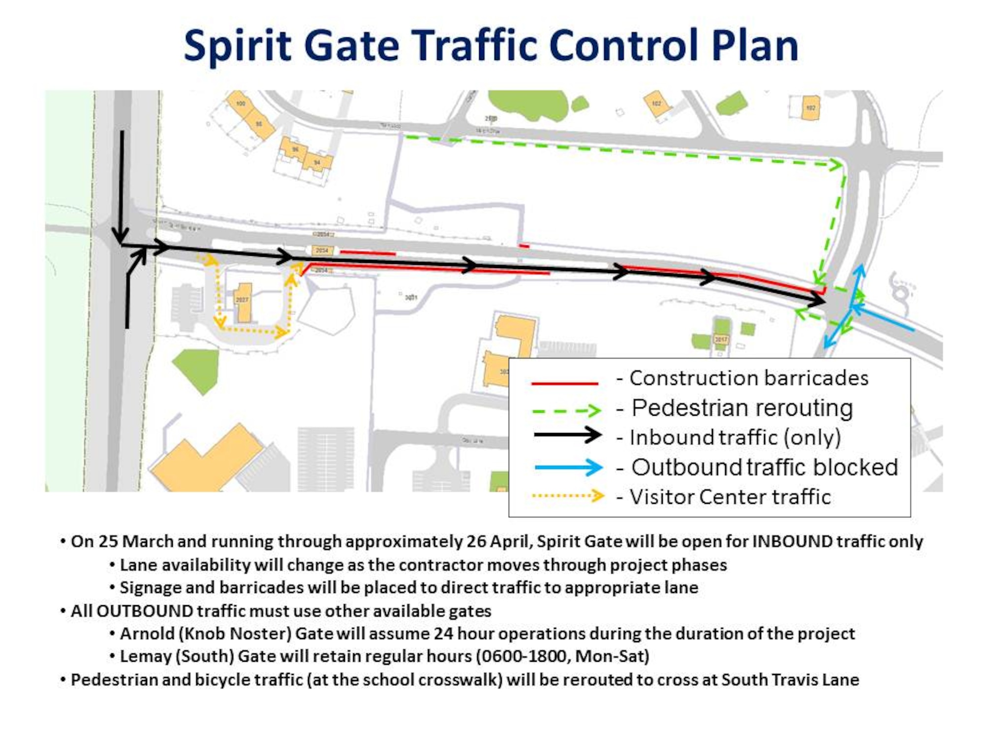 WHITEMAN AIR FORCE BASE, Mo., --  Starting March 25, Whiteman's Spirit Gate will be open only to inbound traffic, continuing through late April. During this time, teams from the 509th Civil Engineer Squadron will be implementing key security improvements, helping keep Team Whiteman safe and sound. (Courtesy Graphic/Released)
