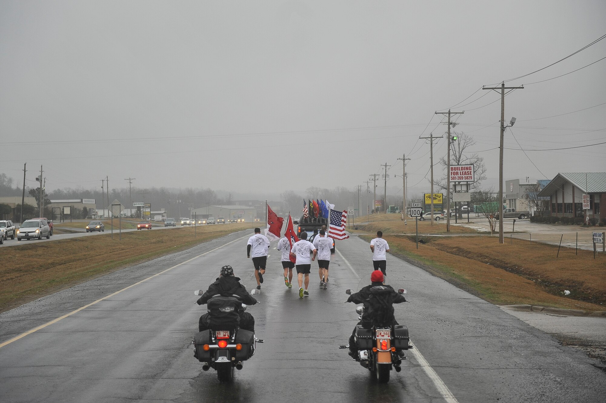 Rolling Thunder members escorted the runners of the Arkansas Run for the Fallen from start to finish March 17, 2013, at Maulmelle , Ark. The run was a two-day event spanning 138 miles. (U.S. Air Force photo by Airman 1st Class Cliffton Dolezal)