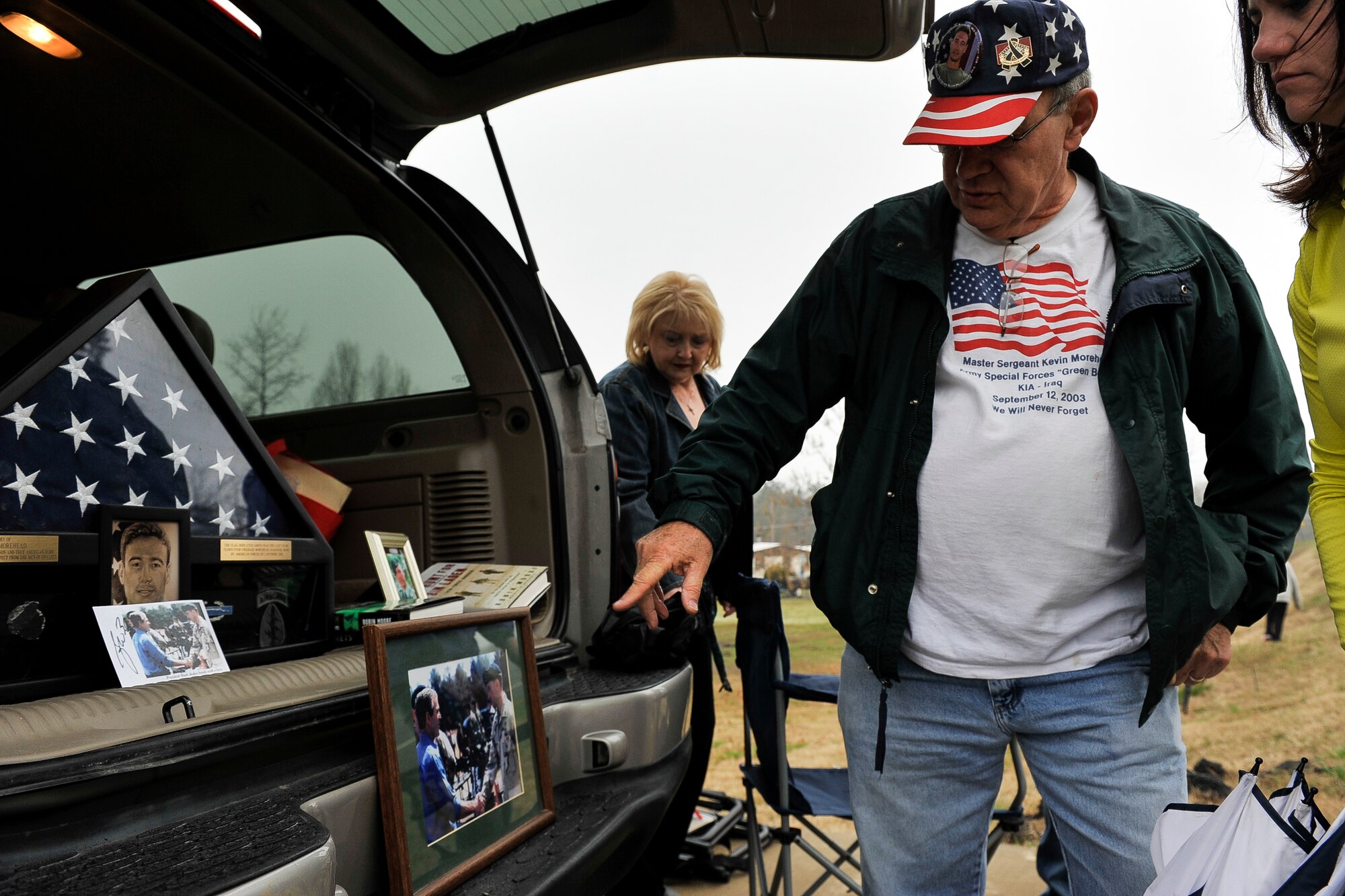 Jim Morehead, father of fallen Army Master Sgt. Kevin Morehead, shares a story from when his son met former president of the United States, George W. Bush, March 17, 2013, at Oakgrove, Ark. Kevin Morehead’s story is mentioned in three novels written by author Robin Moore. (U.S. Air Force photo by Airman 1st Class Cliffton Dolezal)