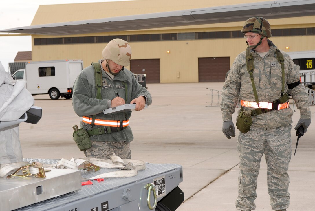 Tech Sgt. Harold Vandermolen, 28th Aircraft Maintenance Squadron weapons expeditor, verifies proper weapon loading and unloading procedures during an Operational Readiness Exercise at Ellsworth Air Force Base, S.D., March 20, 2013. ORE section inspections ensure the base’s ability to effectively deploy aircraft and equipment for missions worldwide. (U.S. Air Force photo by Airman 1st Class Anania Tekurio/Released)
