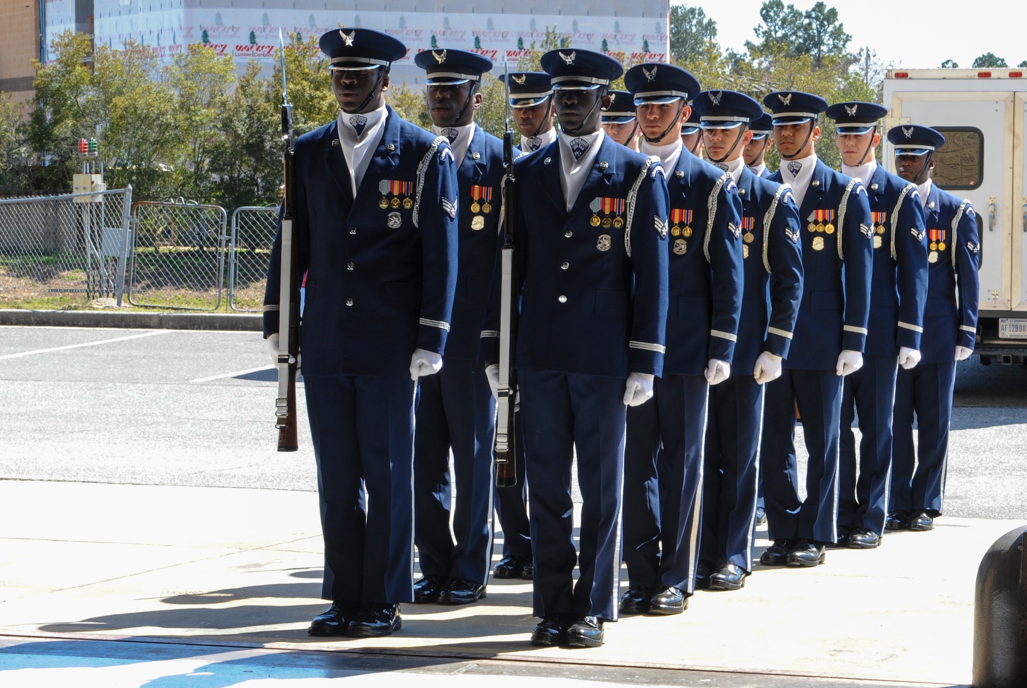 The U.S. Air Force Honor Guard Drill Team prepares to perform at Moody Air Force Base, Ga., March 14, 2013. The drill team travels all around the world to retain, recruit and inspire Airmen. (U.S. Air Force photo by Airman Alexis Grotz/Released)