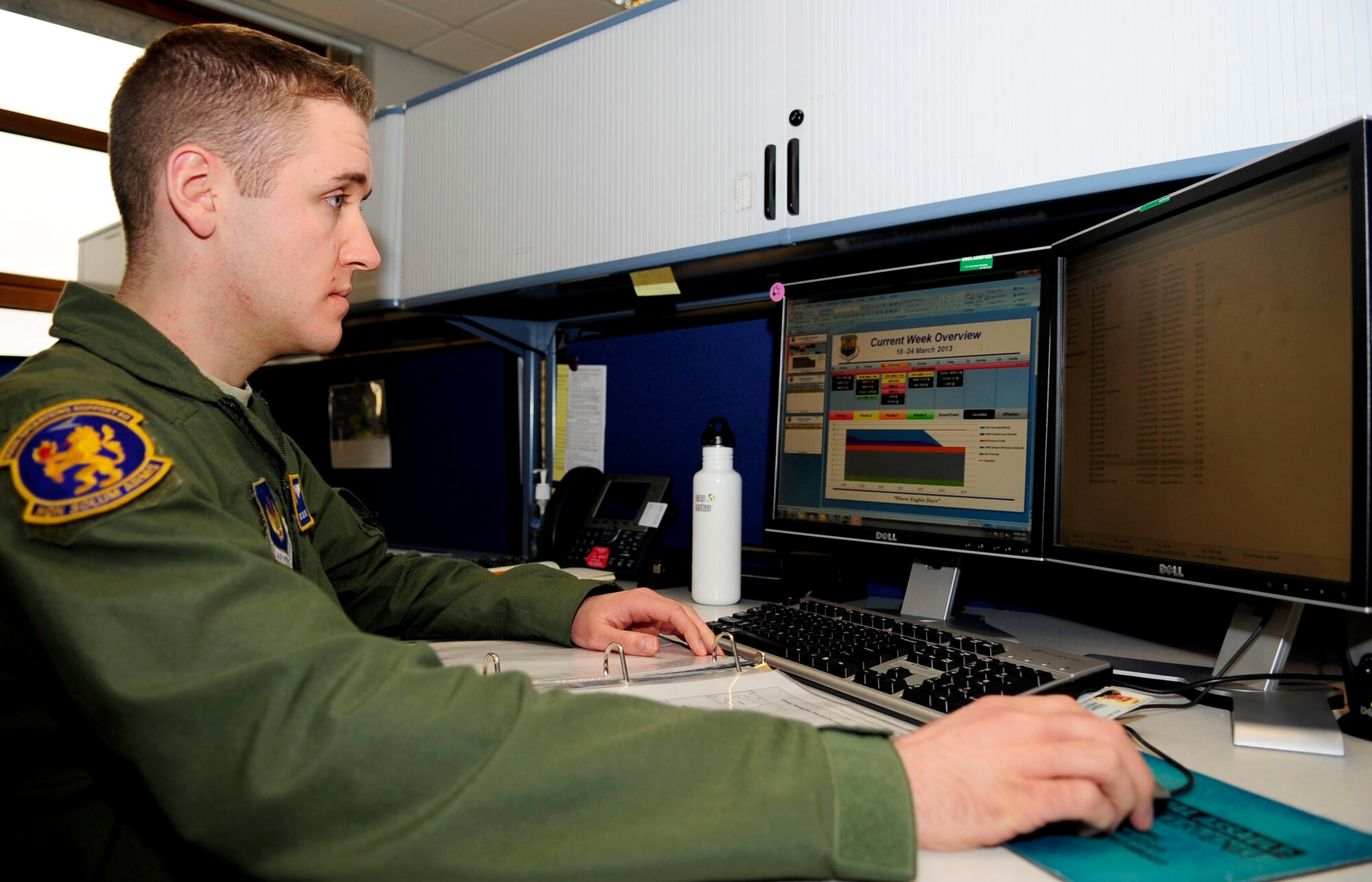 Tech. Sgt. Joseph Koch, 100th Operation Support Squadron NCO in-charge of wing scheduling, schedules a flight for a KC-135 Stratotanker March 21, 2013, on RAF Mildenhall, England. (U.S. Air Force photo by Senior Airman Ethan Morgan)