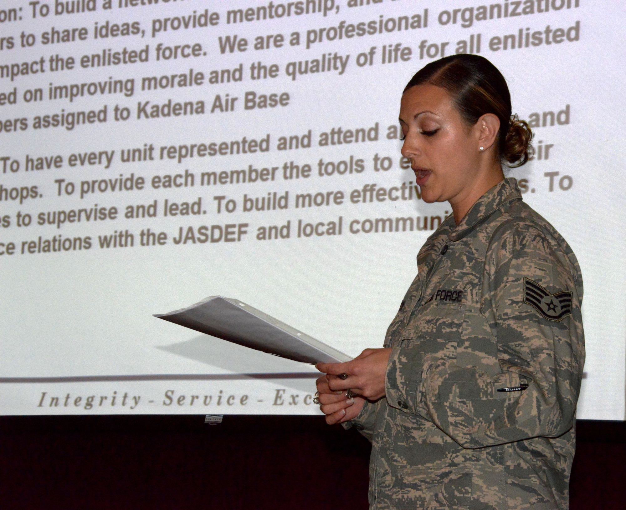 U.S. Air Force Staff Sgt. Elizabeth Auster, Team Kadena 5/6 Enlisted Club president, briefs Airmen about community involvement projects for 2013 during a Kadena G-6 Leadership Summit on Kadena Air Base, Japan, March 11, 2013. The participants discussed some of the achievements and lessons learned in 2012 as well as how to improve upon future events. (U.S. Air Force photo/Tech. Sgt. Kristine Dreyer)