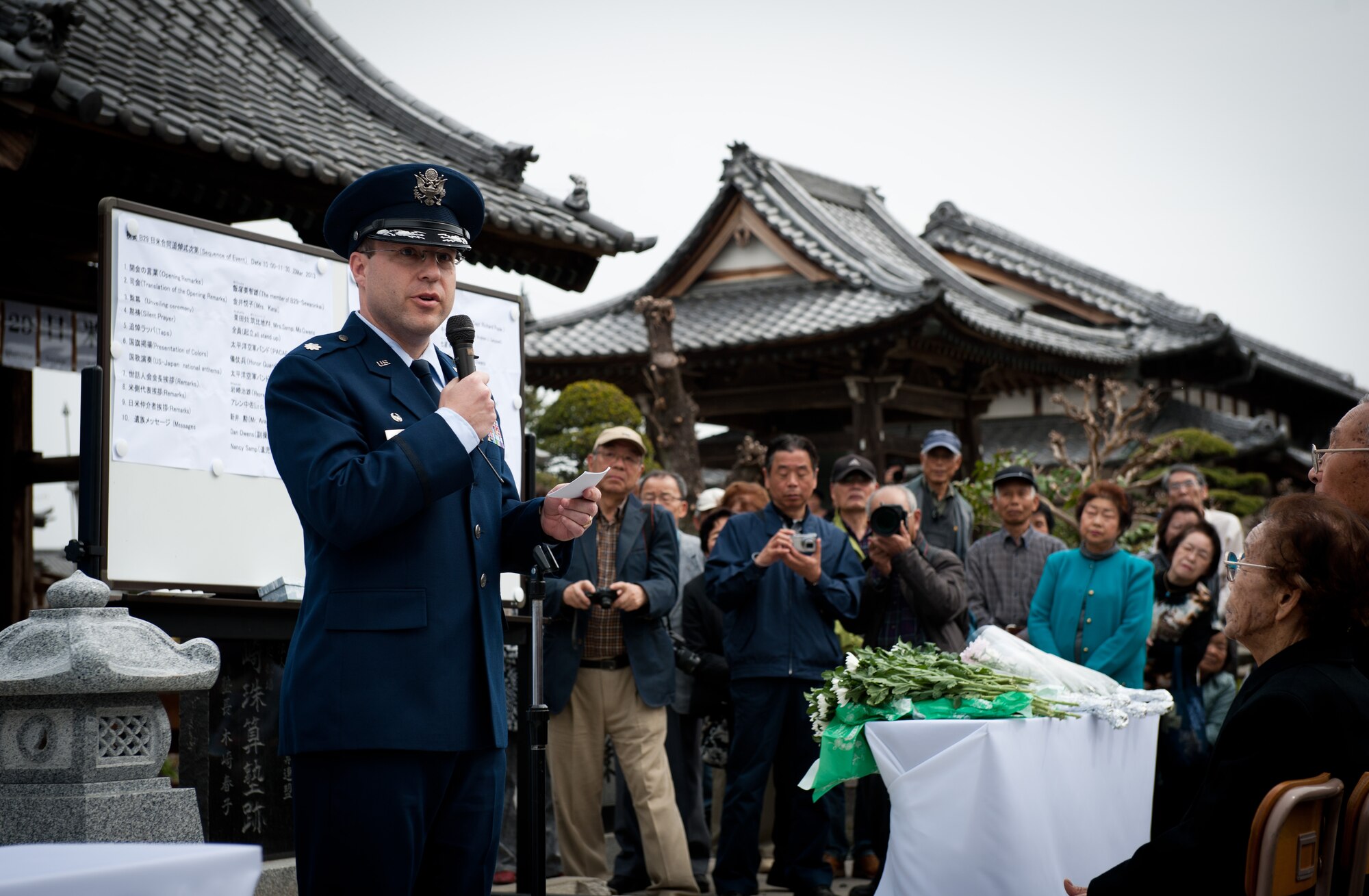 GUNMA PREFECTURE, Japan -- Lt. Col. Mark Allen, 459 Airlift Squadron commander, speaks during the unveiling of a memorial monument in honor of fallen B-29 aircrews March 20, 2013, at Gunma Prefecture, Japan. Allen thanked the local citizens for all they have done to honor the service members who lost their lives and reminded everyone in attendance that sacrifices from both the Japanese and Americans during World War II were not in vain; they have led to their current alliance. (U.S. Air Force photo by Senior Airman Cody H. Ramirez)
