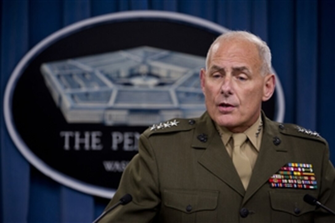 Commander, U.S. Southern Command Gen. John F. Kelly, U.S. Marine Corps, briefs the media in the Pentagon on March 20, 2013.  Kelly addressed topics ranging from detainees at Guantanamo Bay to partnerships with Central and South American countries.  