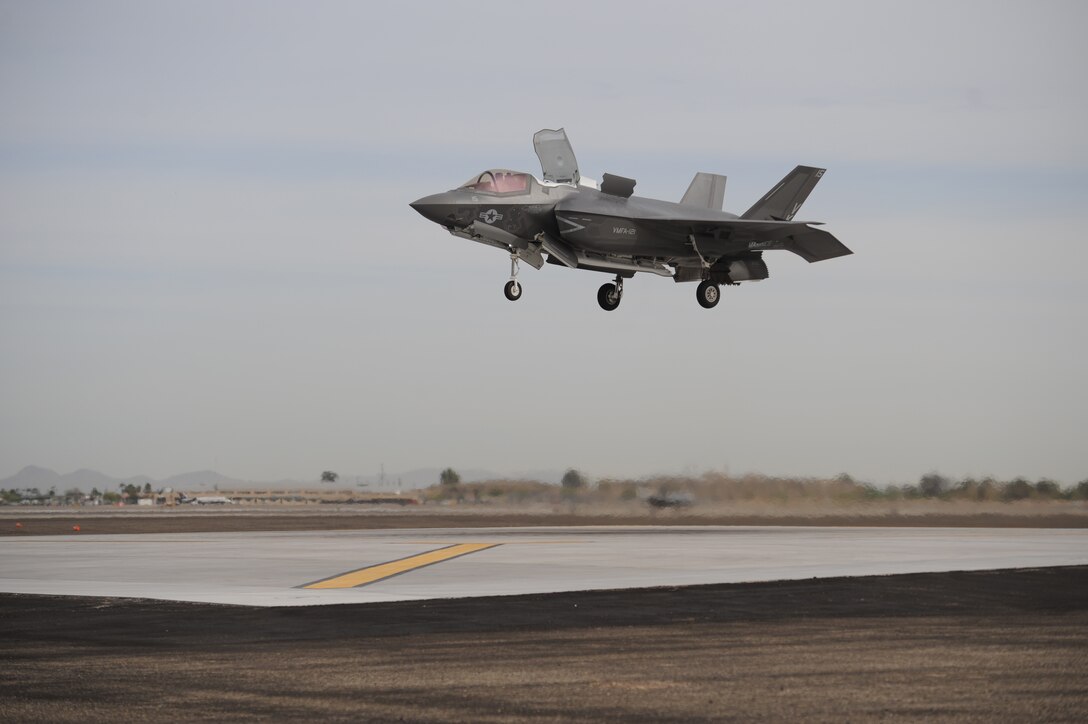 Marine Fighter Attack Squadron 121 F-35B Lightning II Joint Strike Fighter prepares to make a vertical landing aboard Marine Corps Air Station Yuma, Ariz., March 21, 2013. This marks the first vertical landing of a Marine Corps F-35B outside of a testing environment. 