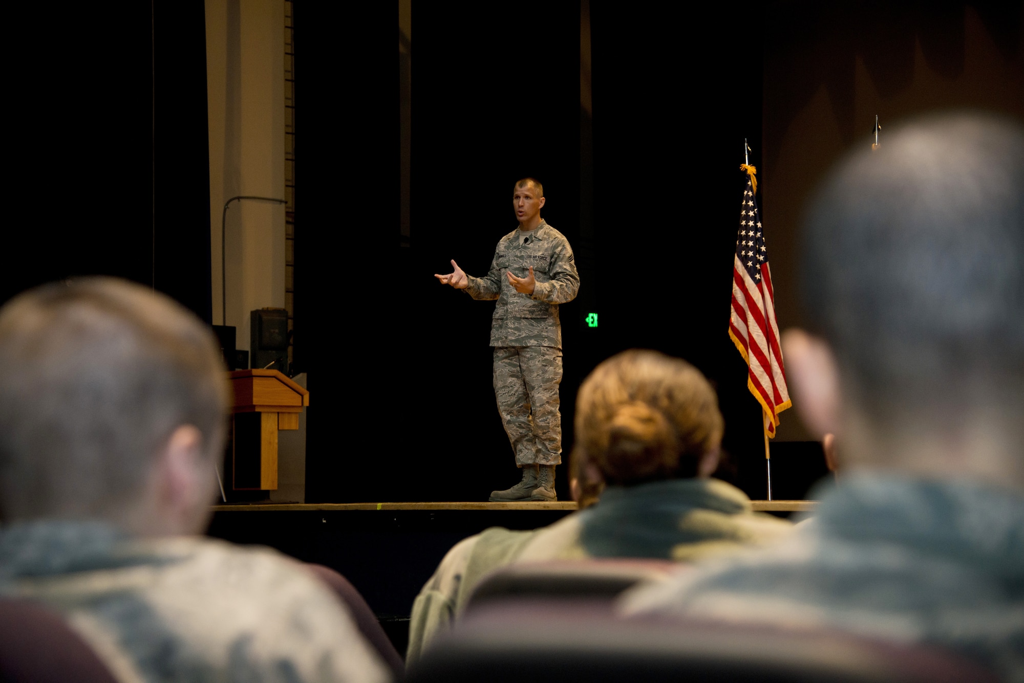 JOINT BASE ELMENDORF-RICHARDSON, Alaska -- Chief McDonald, Pacific Air Forces command chief, speaks to enlisted service members at an all-call in the Talkeetna Theater on Joint Base Elmendorf-Richardson, Alaska, March 18, 2013. McDonald spoke about current issues and recent events in the Pacific Air Forces. (U.S. Air Force photo/Airman 1st Class Omari Bernard/Released)