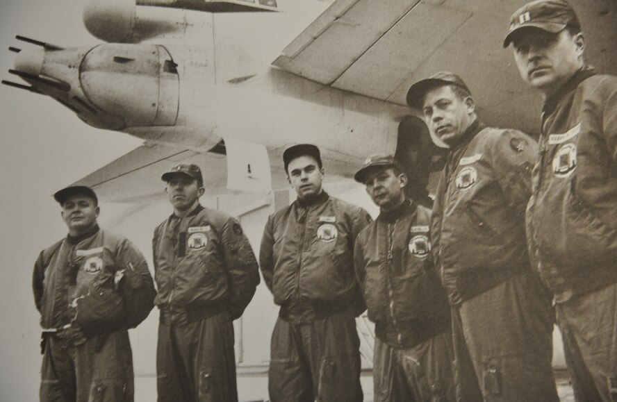 This is a photo of (Ret.) Lt. Col. Francis Leslie (third gentleman from the right) and the six-man crew he served with during an international bombing competition in England. There were only six crews from Fairchild that were chosen to attend the competition at Brize Norton Royal Air Force Base. Leslie’s crew placed in the top five. (U.S. Air Force photo by Senior Airman Earlandez Young)  