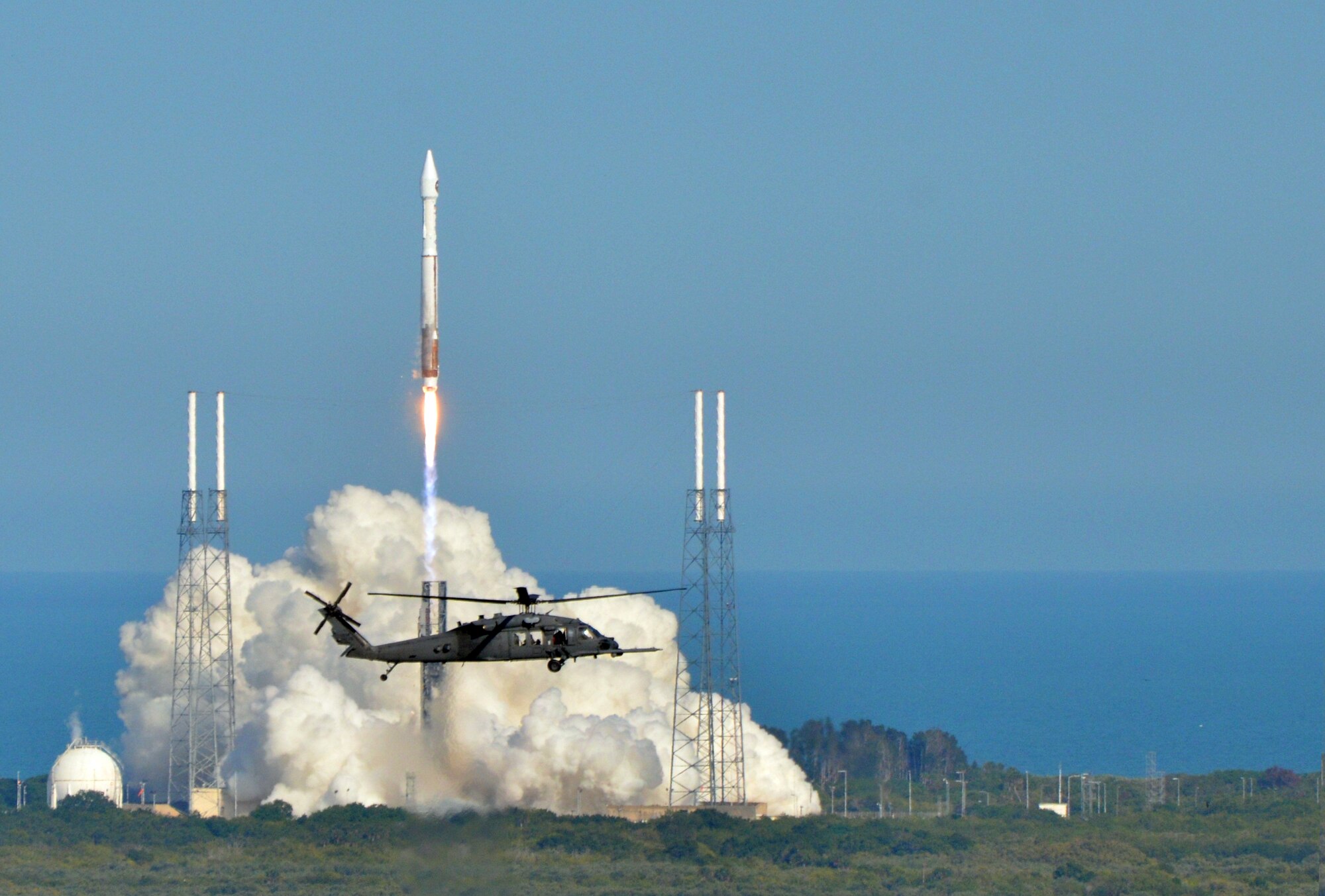 Air Force Reserve combat-search-and-rescue Airmen from the 920th Rescue Wing, Patrick Air Force Base, Fla., supported the successful launch of a United Launch Alliance Atlas V rocket carrying a Space Based Infrared System (SBIRS) GEO-2 satellite, Tuesday at 5:21 p.m., from Launch Complex 41 Cape Canaveral Air Force Station. (U.S. Air Force photo/Lt. Col. Robert Haston)