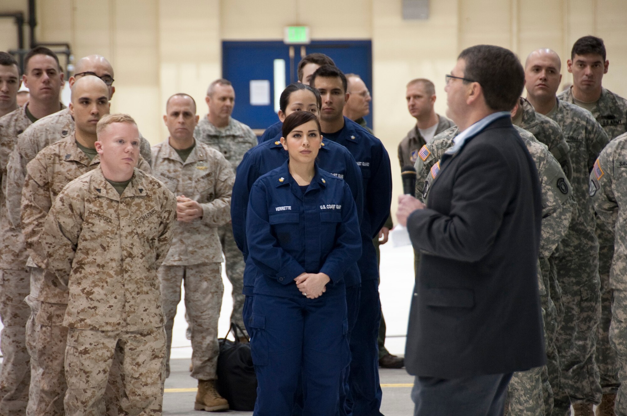 U.S. Deputy Defense Secretary Dr. Ashton Carter speaks with more than 150 Soldiers, Marines, Airmen and Cost Guardsmen on Joint Base Elmendorf-Richardson, March 21.Carter is the principal civilian deputy to the Secretary of Defense Chuck Hagel, and is appointed by the President, with the advice and consent of the Senate.