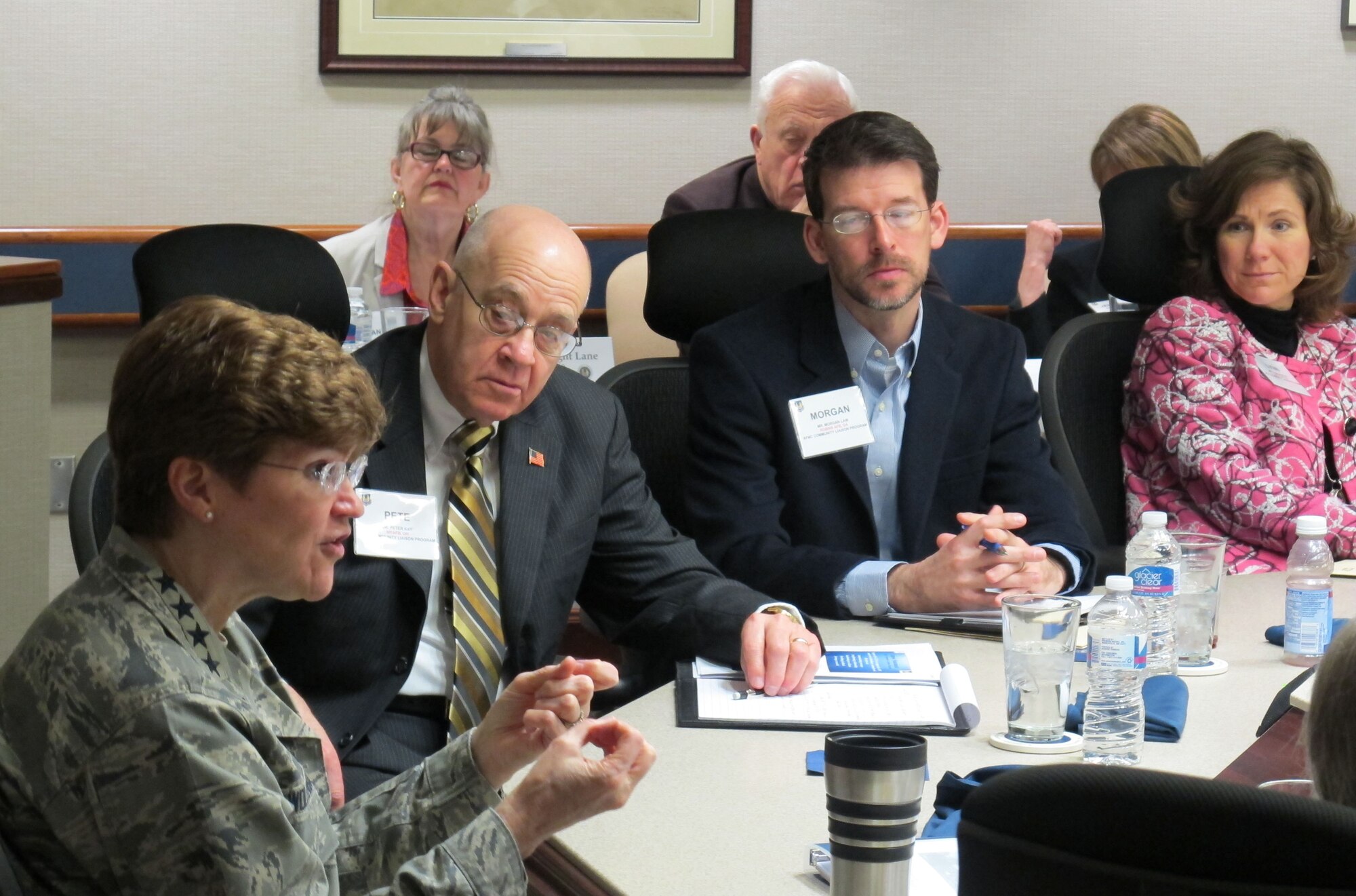 Gen. Janet Wolfenbarger, commander
of Air Force Materiel Command, meets with her Community Liaison Program
members March 21, 2013 at command headquarters.   Twenty-five civic leaders
representing each of the command's nine Air Force bases, as well as Gunter
Annex, Ala., met with the commander for a discussion of challenges, including sequestration, that lie ahead for the Air Force and the impact of those
challenges throughout AFMC and its local communities.  Among those at the
meeting, from left, were Dr. Pete Kay, representing Wright-Patterson Air
Force Base, and Morgan Law and Lynn Murphey, both Robins AFB, Ga.,
representatives.  (U.S. Air Force photo/Ron Fry)
