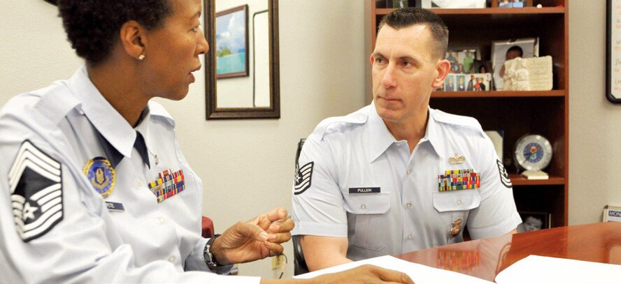 Chief Master Sgt. Pamela Pete, 452d Recruiting Squadron’s chief recruiter, meets with
Tech. Sgt. William Pullion, 452d Security Forces Squadron assistant flight chief, to discuss the Recruit the Recruiter program. Pullion completed Air Force Recruiting school in 2011 and recently received a May 2013 recruiting assignment to Travis Air Force Base, Calif. (U.S. Air Force photo by Linda Welz)