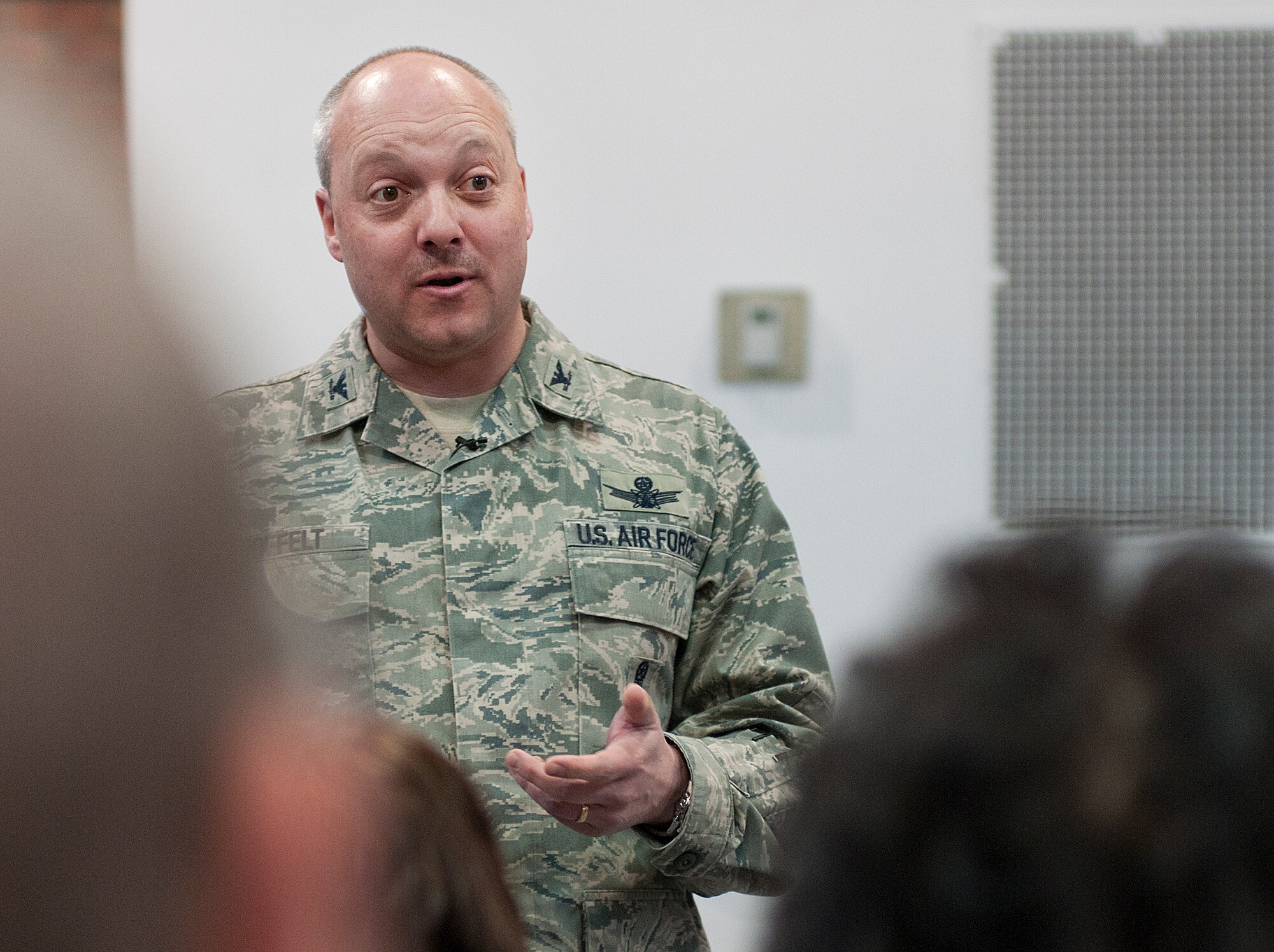 Col. Christopher Coffelt, 90th Missile Wing commander, speaks to F. E. Warren Air Force Base civilian employees about the pending furloughs March 14. Warren civilian employees, like all appropriated fund civilians across the Department of Defense, are facing the prospect of having to take a day off, without pay, each week from late April through the rest of the fiscal year, which ends Sept. 30. (U.S. Air Force photo by R.J. Oriez) 