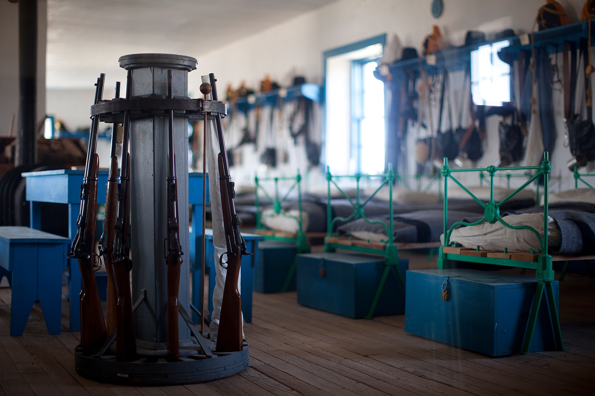 Cavalry soldiers stationed at Fort Laramie lived and slept in these barracks. This open bay barracks room would have housed between 20 and 50 cavalry soldiers at a time. (U.S. Air Force photo by Matt Bilden)