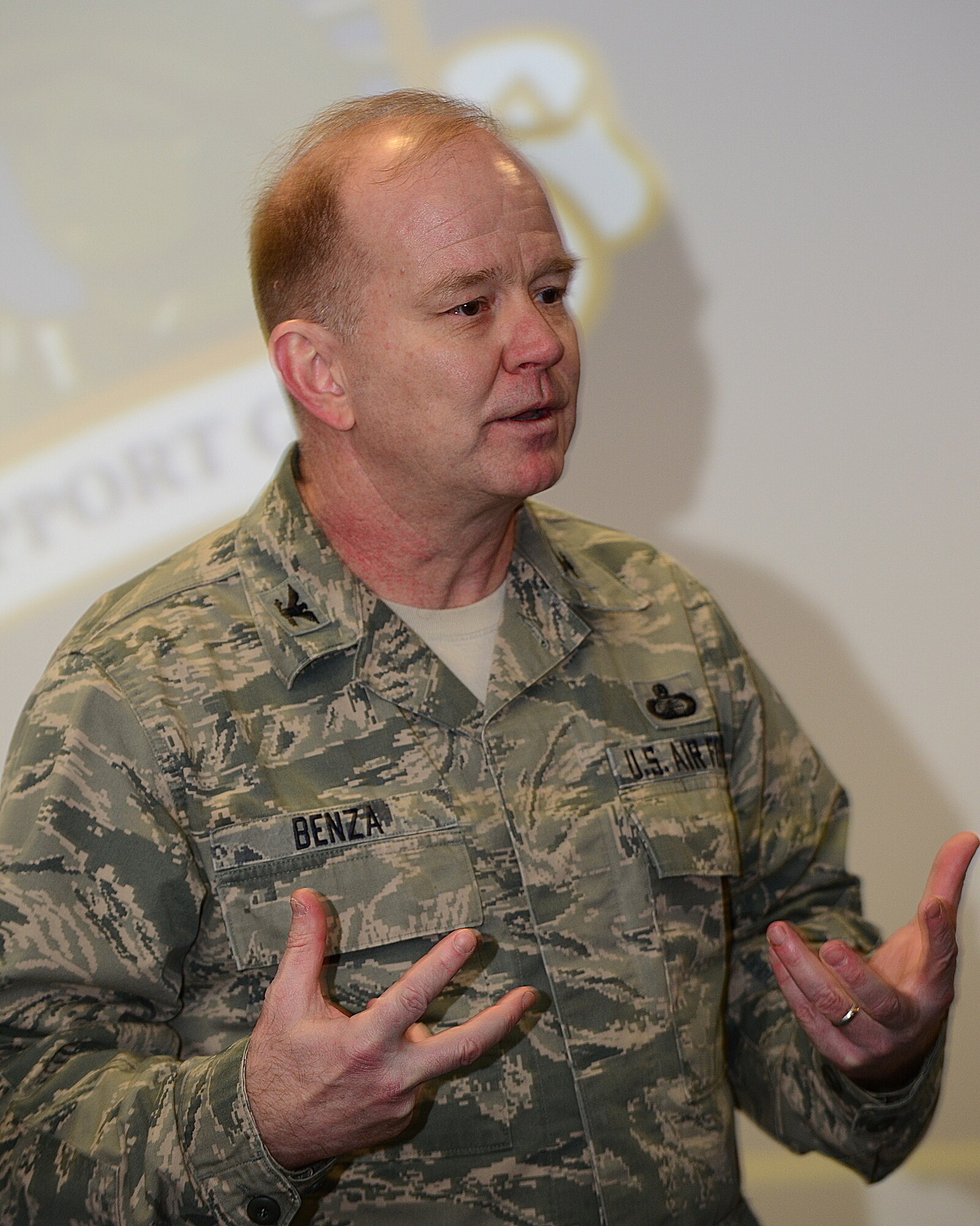 ROYAL AIR FORCE LAKENHEATH, England – Col. Scott Benza, 48th Mission Support Group commander, speaks to honorary commanders about the MSG’s mission during an immersion tour March 21, 2013. The honorary commander program is designed to increase the community’s understanding of the 48th Fighter Wing’s mission by pairing local leaders with wing leaders to forge new relationships. (U.S. Air Force photo by Staff Sgt. Stephanie Mancha)
