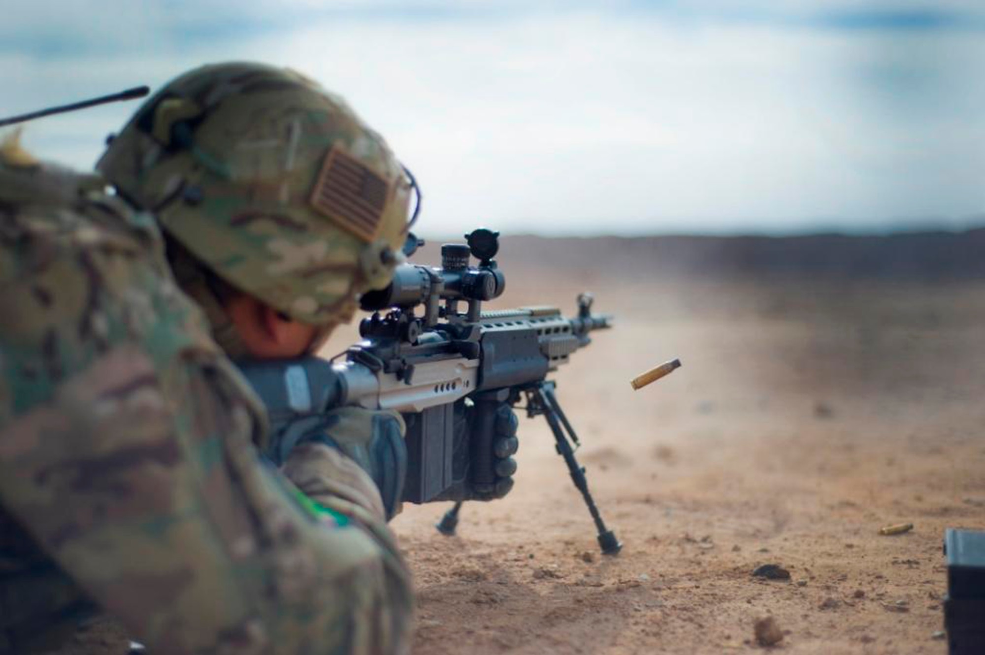 Master Sgt. Manuel Herrera, a 466th Operating Location Delta Explosives Ordinance Disposal team lead, fires an Mk 14 enhanced battle rifle while at a firing range at Camp Leatherneck, Afghanistan, Dec. 28, 2012. After identifying the need for a more capable rifle while outside the wire, Delta upgraded its dismount teams with the EBR, enhancing their ability to retaliate to long-distance hostile fire. (U.S. Air Force photo/Tech. Sgt. Swift Moon)