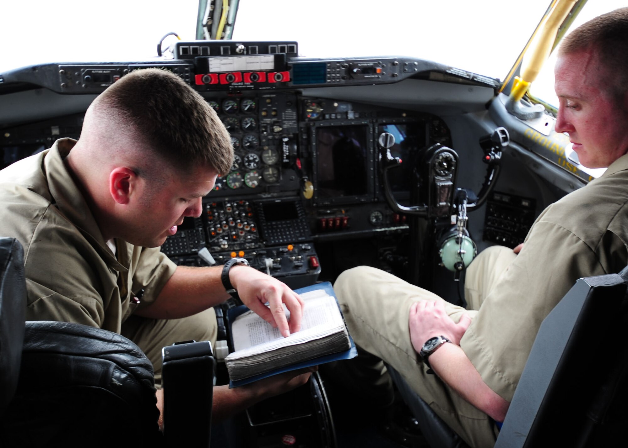 SOUTHWEST ASIA – Tech. Sgt. William Dibble and Airman 1st Class Colton Johnston, dedicated crew chiefs with the 763rd Expeditionary Aircraft Maintenance Unit, prepare an RC-135 Rivet Joint for an engine test. The 763rd EAMU is part of the 379th Expeditionary Aircraft Maintenance Squadron and is responsible for maintaining the RC-135 Rivet Joint. (U.S. Air Force photo/Master Sgt. Brendan Kavanaugh)
