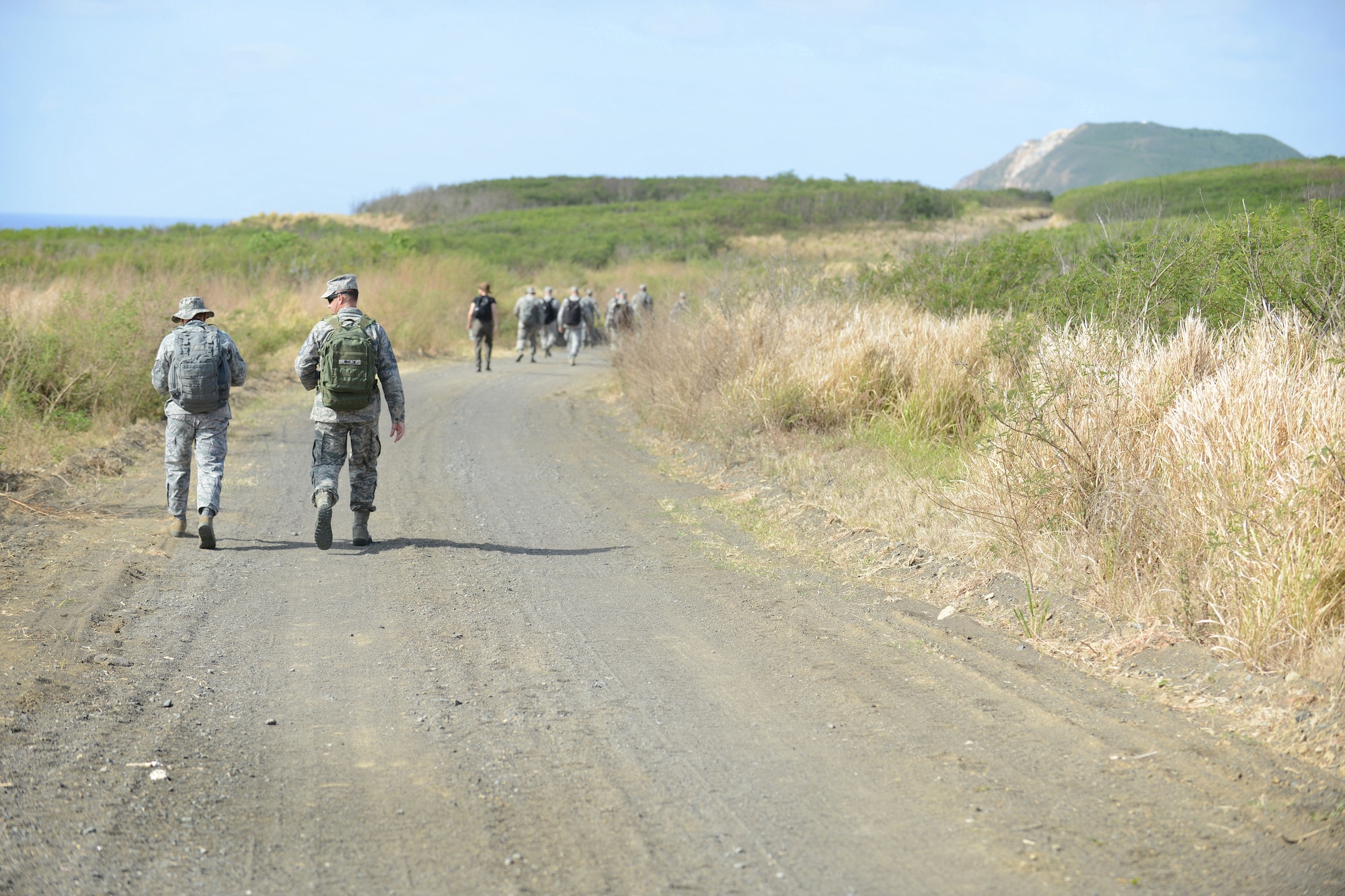 Members of the 18th Medical Group bond as they make the hike to the top of Mount Suribachi on Iwo To, Japan, formerly called Iwo Jima. About 40 Airmen from the 18th Medical Group toured the south side of the renowned island on about a 10-mile hike to and from the memorial at the top of the peak, March 18, 2013. (U.S. Air Force photo/Tech Sgt. Jocelyn L. Rich-Pendracki)