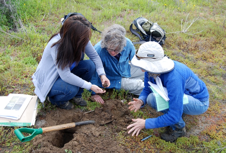 Sophia Huynh and Roberta Morganstern, from the Corps' Los Angeles and San Francisco districts, respectively, and Monica Gibson, from the California Department of Fish and Wildlife, (left to right) examine soil from a dig pit during a March 20, 2013, training session at a former salt mining pond at San Diego Bay.