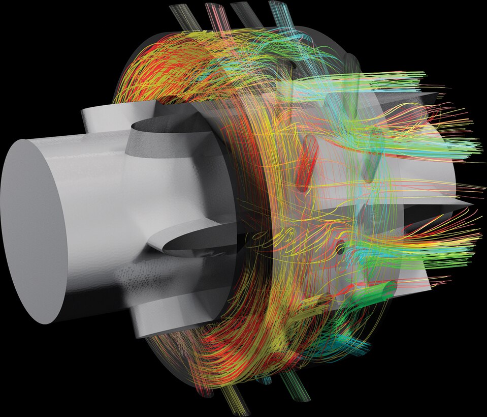 Huntsville Center’s Information Technology Service Office supports the Defense Department’s High Performance Computing Modernization Program, which uses technology to research, develop, test and evaluate objectives like the flow efficiency in a turbine tank engine, seen in this advanced computer simulation.