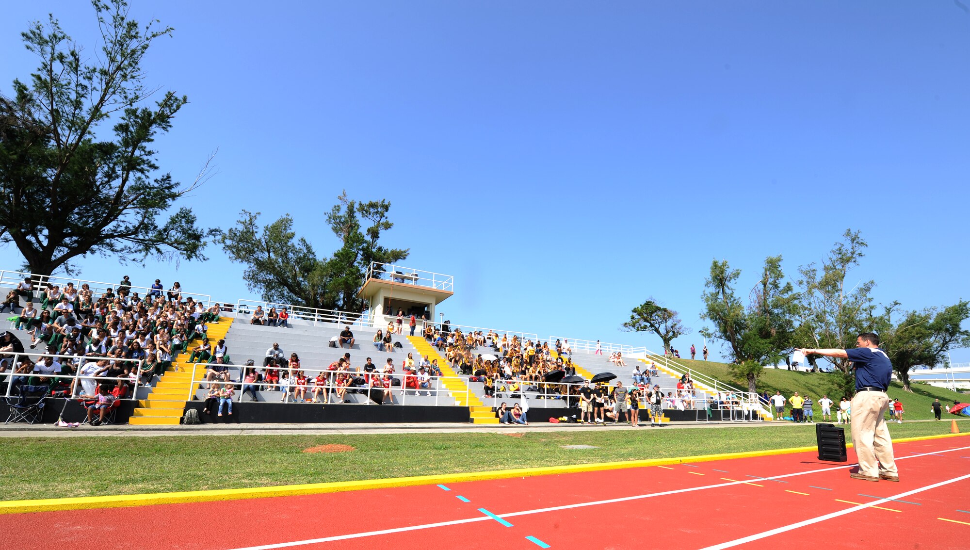 U.S. Air Force Brig. Gen. Matt Molloy, 18th Wing commander, gives opening remarks at the first-ever island-wide track meet on Kadena Air Base, Japan, March 23, 2013. The Air Force Sergeants Association, Chapter 1553, hosted the event. (U.S. Air Force photo/Staff Sgt. Laszlo Babocsi)