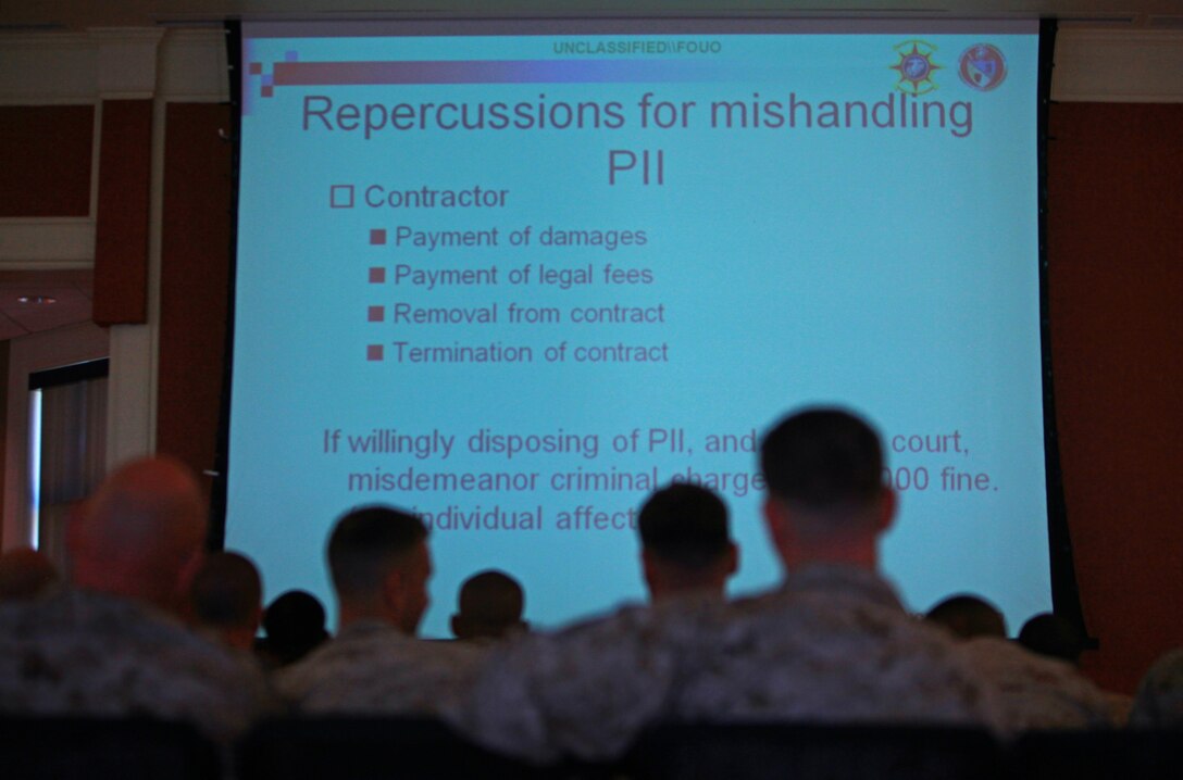 Marines with 2nd Marine Logistics Group view a slide about personally identifiable information during a class aboard Camp Lejeune, N.C., March 18, 2013. The 2nd MLG held the training to address ongoing security threats that could pose a threat to sensitive information handled by its members. 