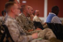 Marines with 2nd Marine Logistics Group listen during a class on information security held aboard Camp Lejeune, N.C., March 18, 2013. More than 60 Marines gathered for the training, which focused on current threats to sensitive information and methods available for maintaining security during their day-to-day work within the 2nd MLG.