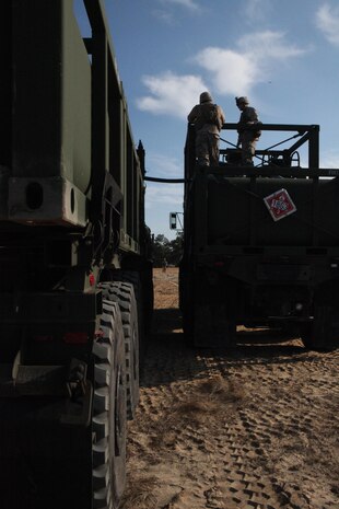 Marines with 2nd Supply Battalion, Combat Logistics Regiment 25, 2nd Marine Logistics Group refill a fuel truck, which belongs to 10th Marine Regiment, 2nd Marine Division, during a resupply mission as part of the joint training exercise Rolling Thunder at Fort Bragg, March 14, 2013. Detachments with 2nd MLG performed support roles such as resupply and maintenance for 10th Marines during the exercise.