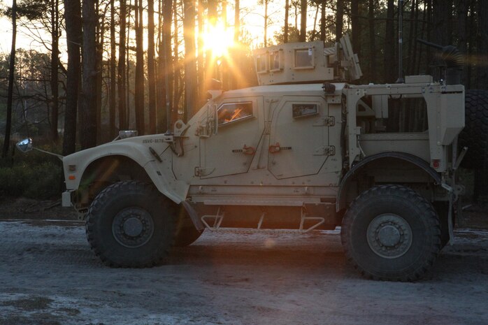 A Mine Resistant All-Terrain Vehicle, which belongs to 2nd Supply Battalion, 2nd Marine Logistics Group, sits before it leaves for a morning convoy during Rolling Thunder, a joint training exercise at Fort Bragg, N.C., March 17, 2013. The convoys travelled along routes that Marines scouted to ensure the safety of the safety of the supplies and Marines who delivered them.  