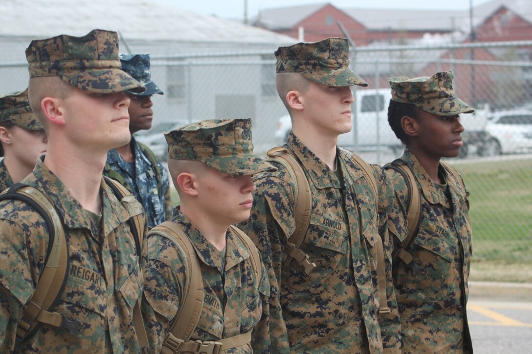 MARINE CORPS BASE QUANTICO, Va. — Midshipman Meatrice Starr stands in formation awaiting instruction during her participation in the Naval Reserve Officers Training Corps (NROTC) Scholarship Program at Savannah State University (SSU) in Savannah, Ga. Starr, 22, a Decatur, Ga. native and homeland security and emergency management major, received the Marine Corps’ Frederick C. Branch Leadership Scholarship to complete her bachelor’s degree and is now only weeks away from receiving a commission as a second lieutenant in the Marine Corps. (Courtesy Photo)