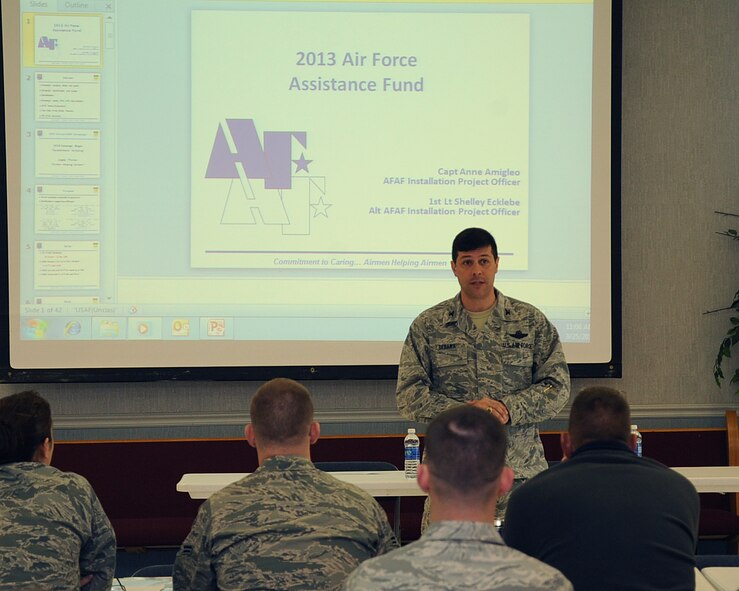 Col. Andrew Gebara, 2nd Bomb Wing commander, give his remarks during the Air Force Assistance Fund kick off on Barksdale Air Force Base, La., March 25. The AFAF was established to raise funds for the charitable affiliates that provide support to the Air Force family. (U.S. Air Force photo/Senior Airman Sean Martin)
